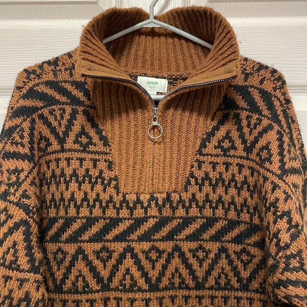 AERIE |Fair Isle | Aztec Pattern | Oversized Quarter Zip |Brown/Black |Size XS - Picture 2 of 16